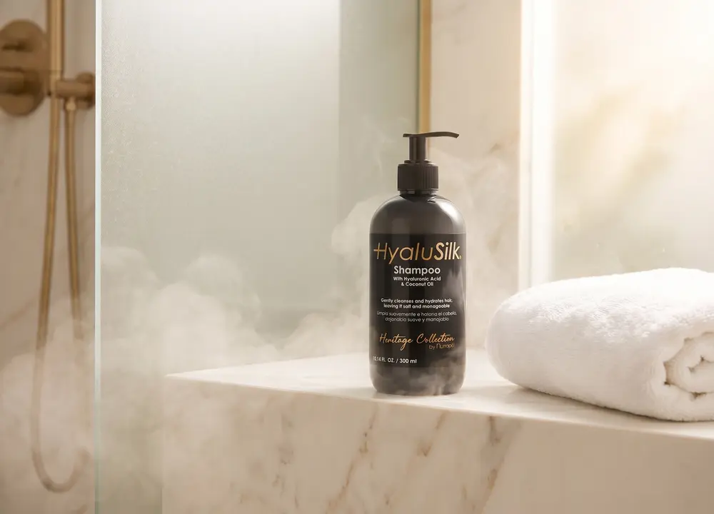 Shampoo HyaluSilk en la regadera de mármol