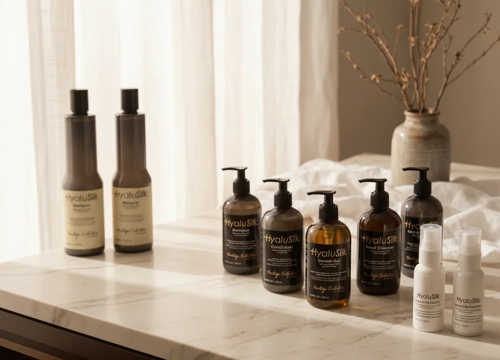 Complete Heritage portfolio: 1 L refills, 300 ml dispensers and 90 ml travel formats on a hotel bathroom marble counter