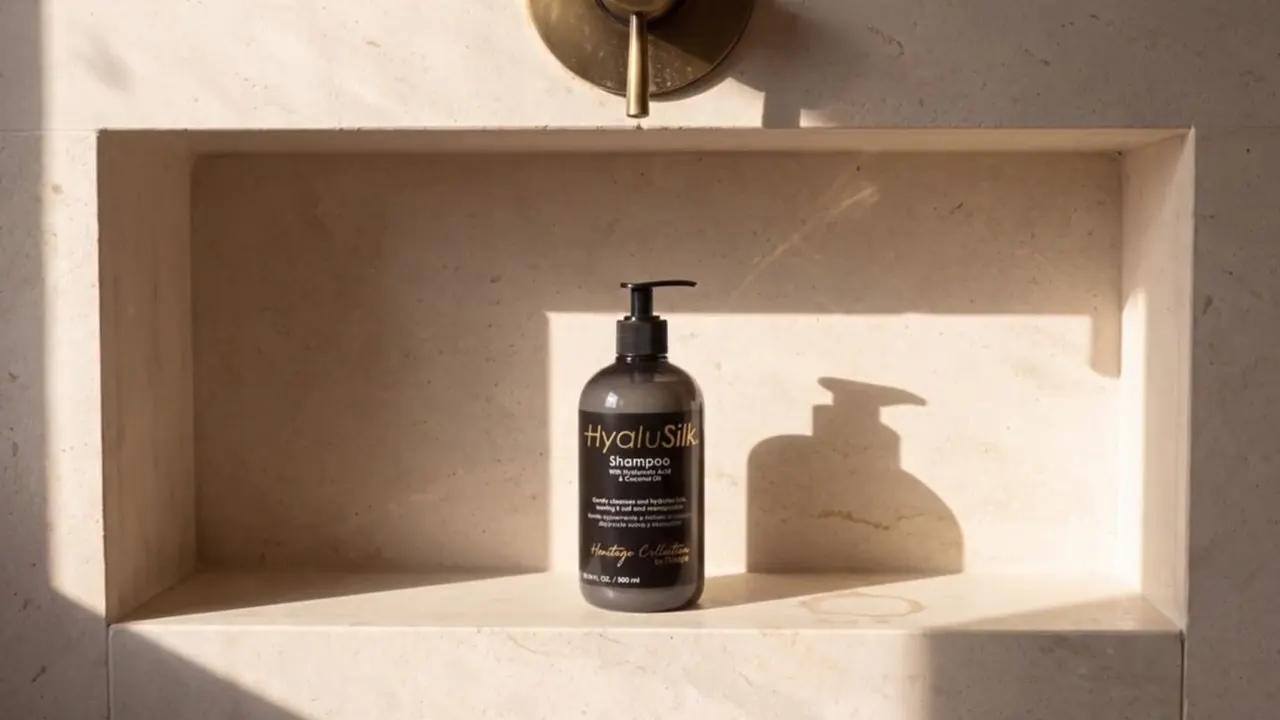 Marble hotel bathroom with golden fixtures and the Heritage line