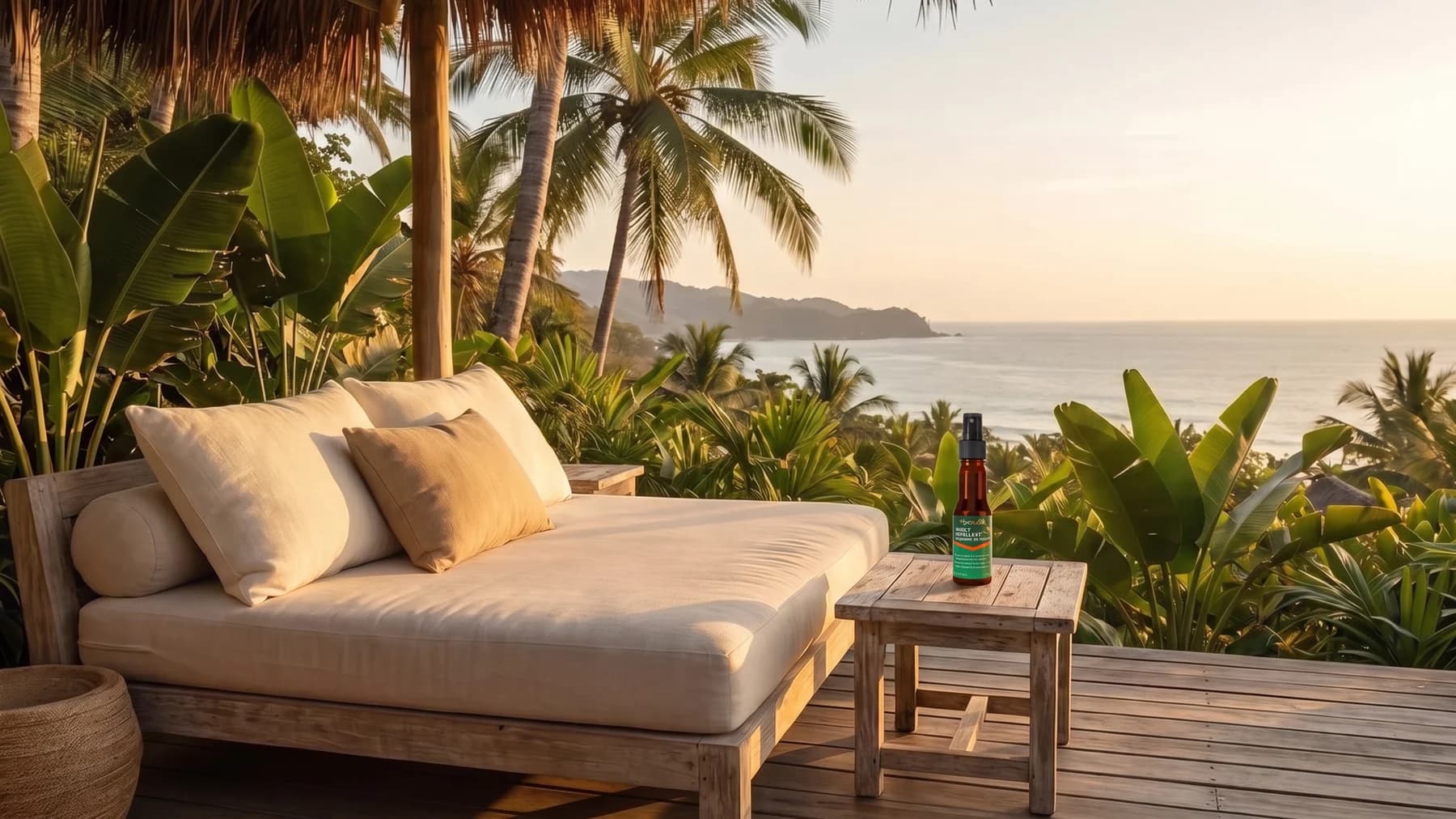Insect Repellent HyaluSilk en la mesa de una terraza al atardecer