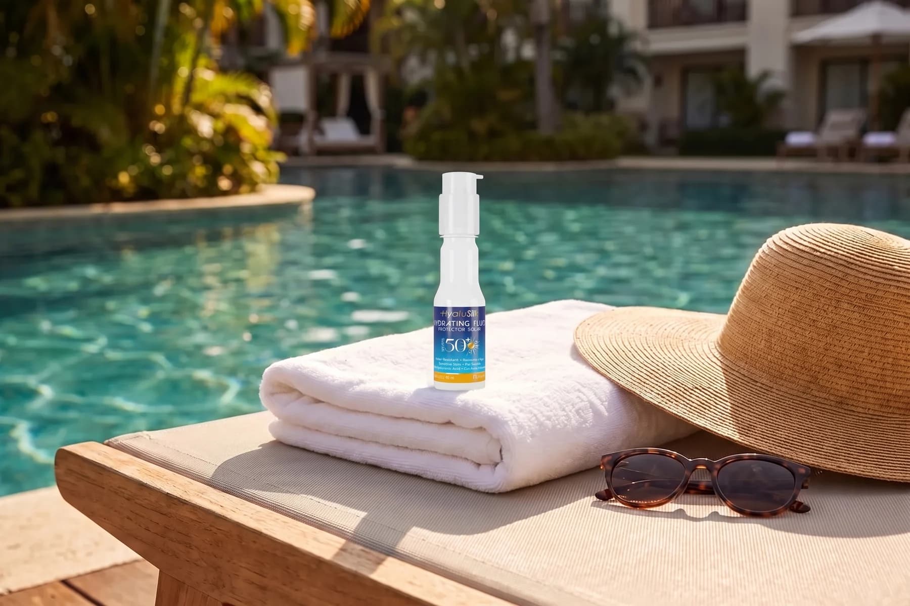 Hydrating Fluid SPF 50+ sobre la toalla de un camastro junto a la alberca
