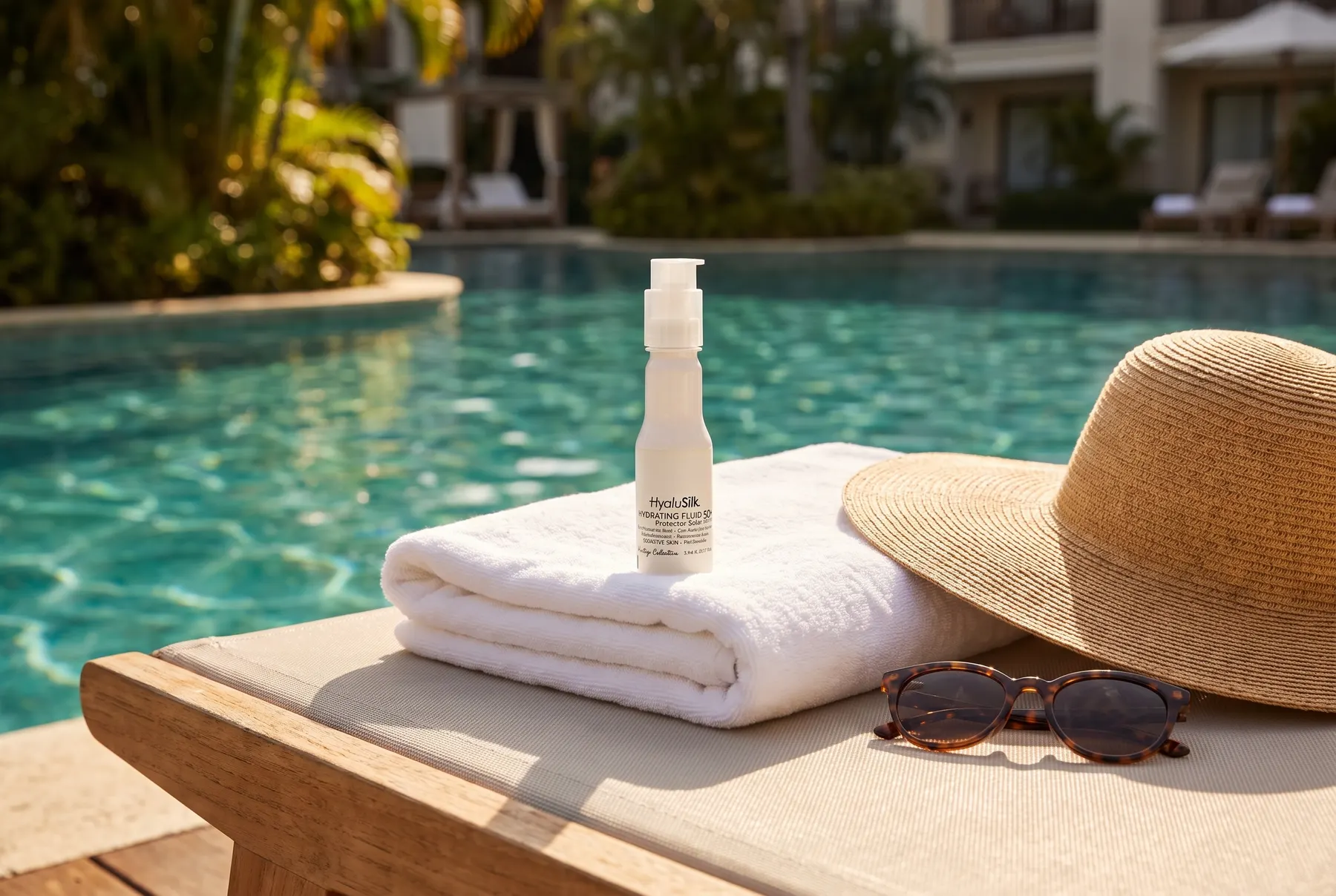 Huésped aplicando Hydrating Fluid SPF 50+ junto a la alberca