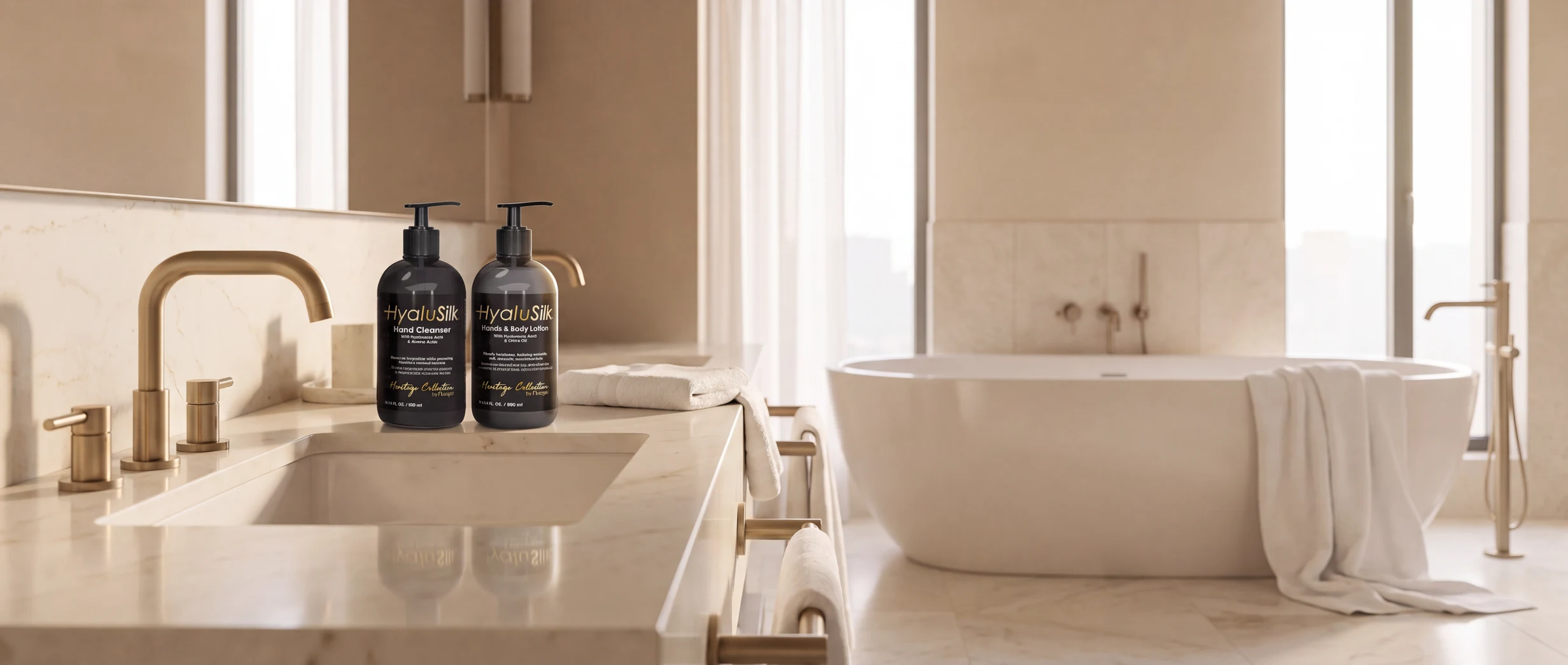 Baño de suite con el jabón de manos y la loción HyaluSilk junto al lavabo